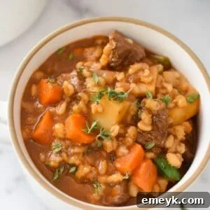 Slow Cooker Beef Barley Soup ready to serve, rich and inviting.