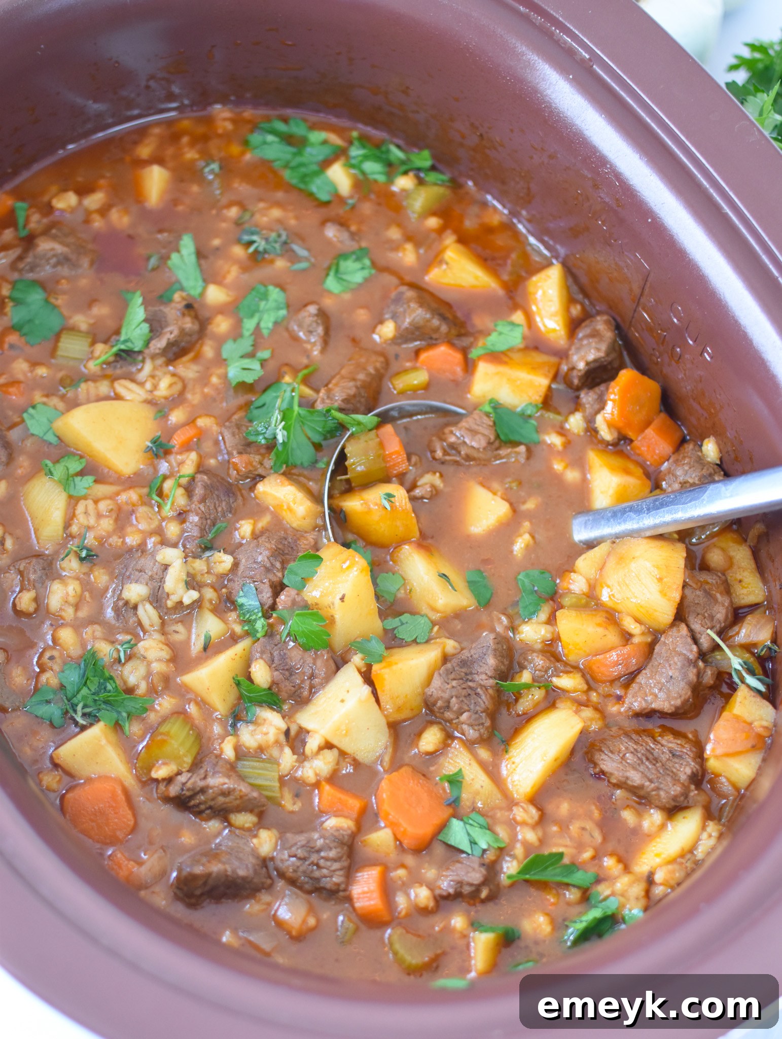 Slow Cooker Beef Barley Soup simmering in a crockpot, showcasing its rich, deep colors and hearty texture.