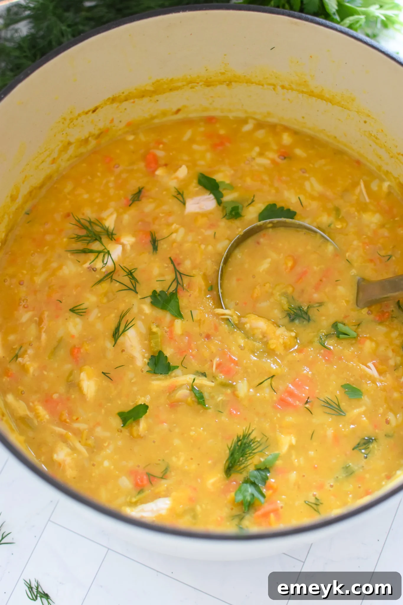 Hearty Chicken Lentil Soup Recipe served in a rustic Dutch oven, garnished with fresh herbs.