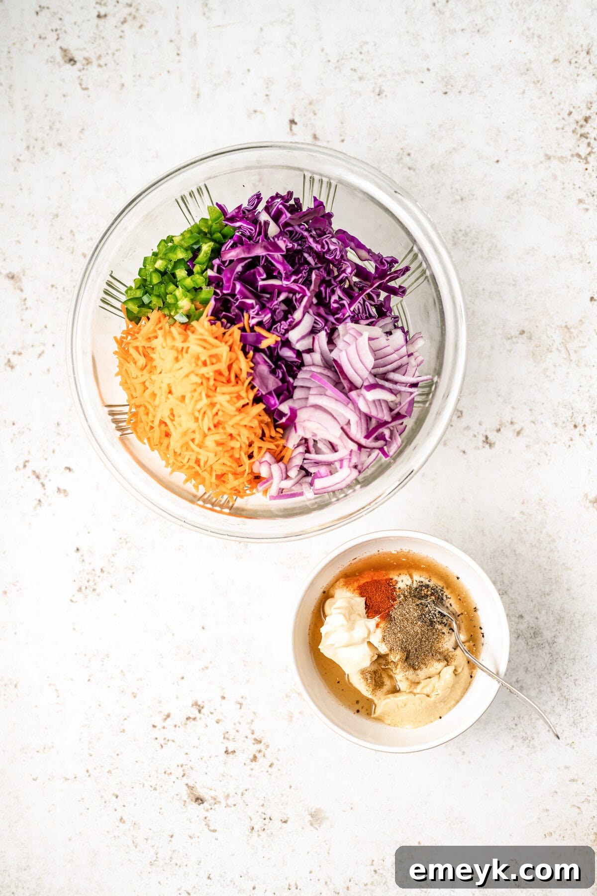Kickin Jalapeno Coleslaw 8 All the coleslaw ingredients beautifully combined in a large mixing bowl, ready for the dressing.