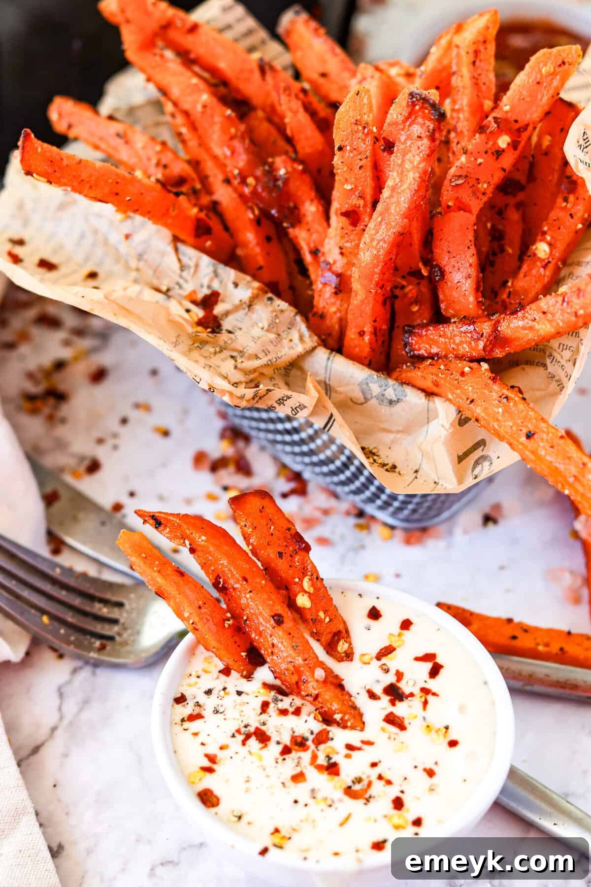 Air Fryer Sweet Potato Fries served with a creamy dip