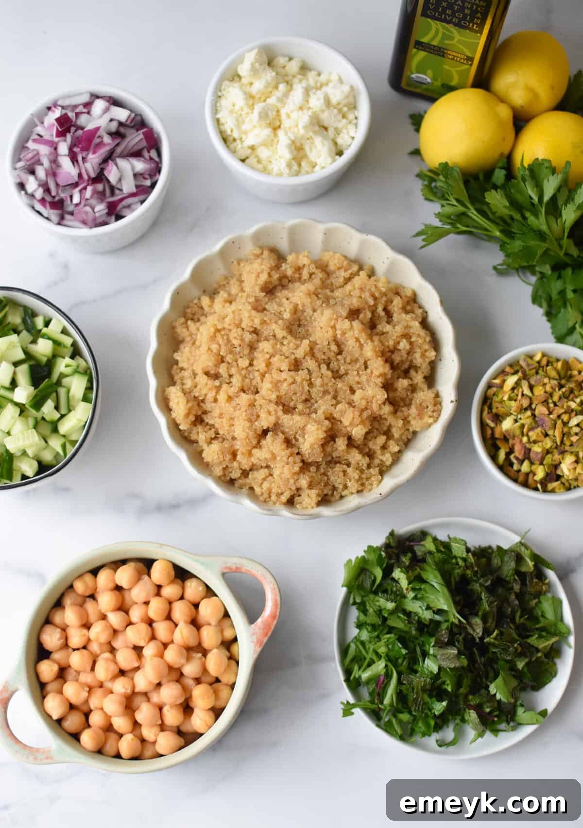 The Secret to Jennifer Aniston's Viral Salad Sensation 5 recipe ingredients in small bowls.