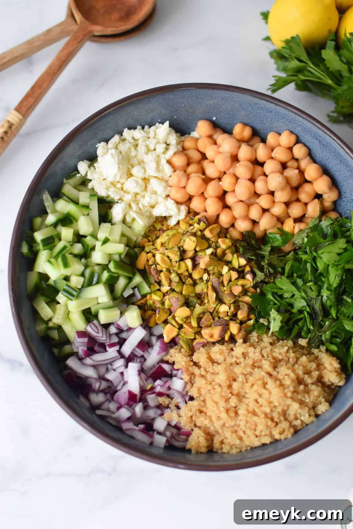 The Secret to Jennifer Aniston's Viral Salad Sensation 6 recipe ingredients in a bowl before being combined.