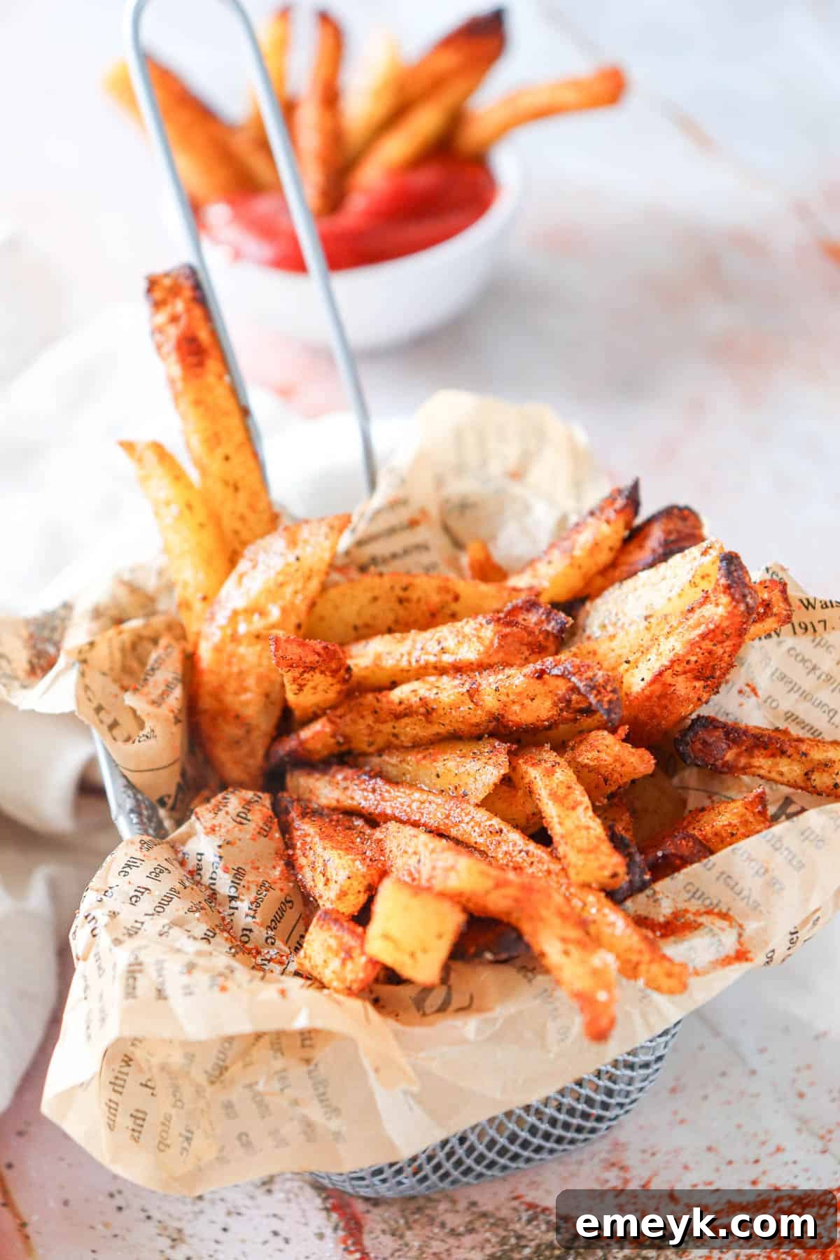 Crispy Air Fryer French Fries in a serving basket, garnished with fresh herbs