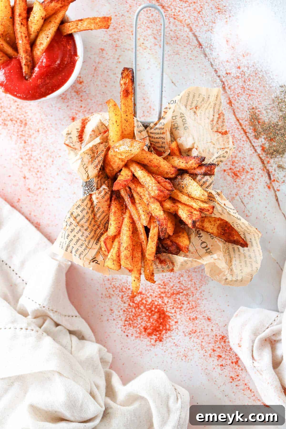 Raw potato fries being tossed with seasoning and olive oil
