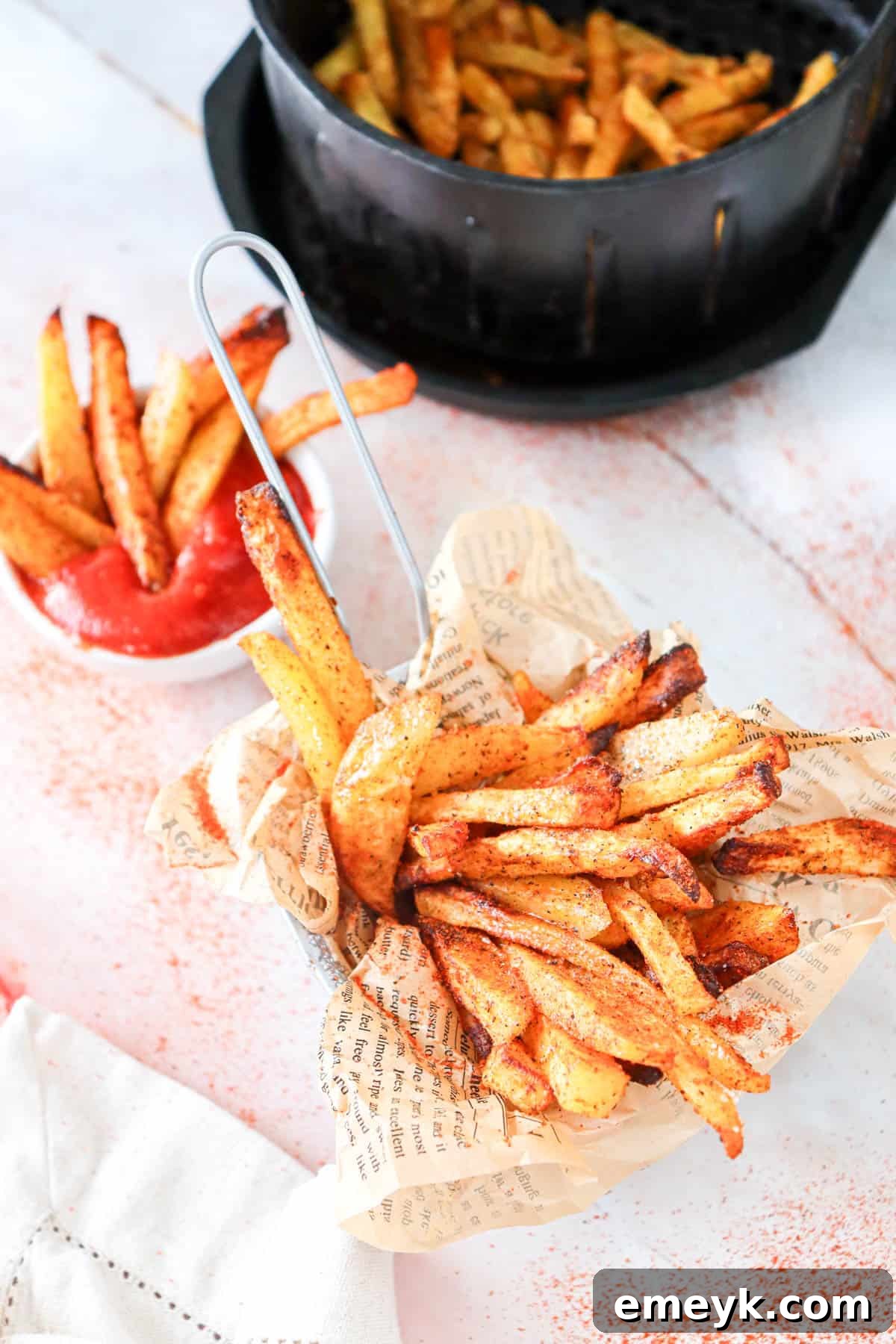 Air Fryer French Fries served with a side of ketchup