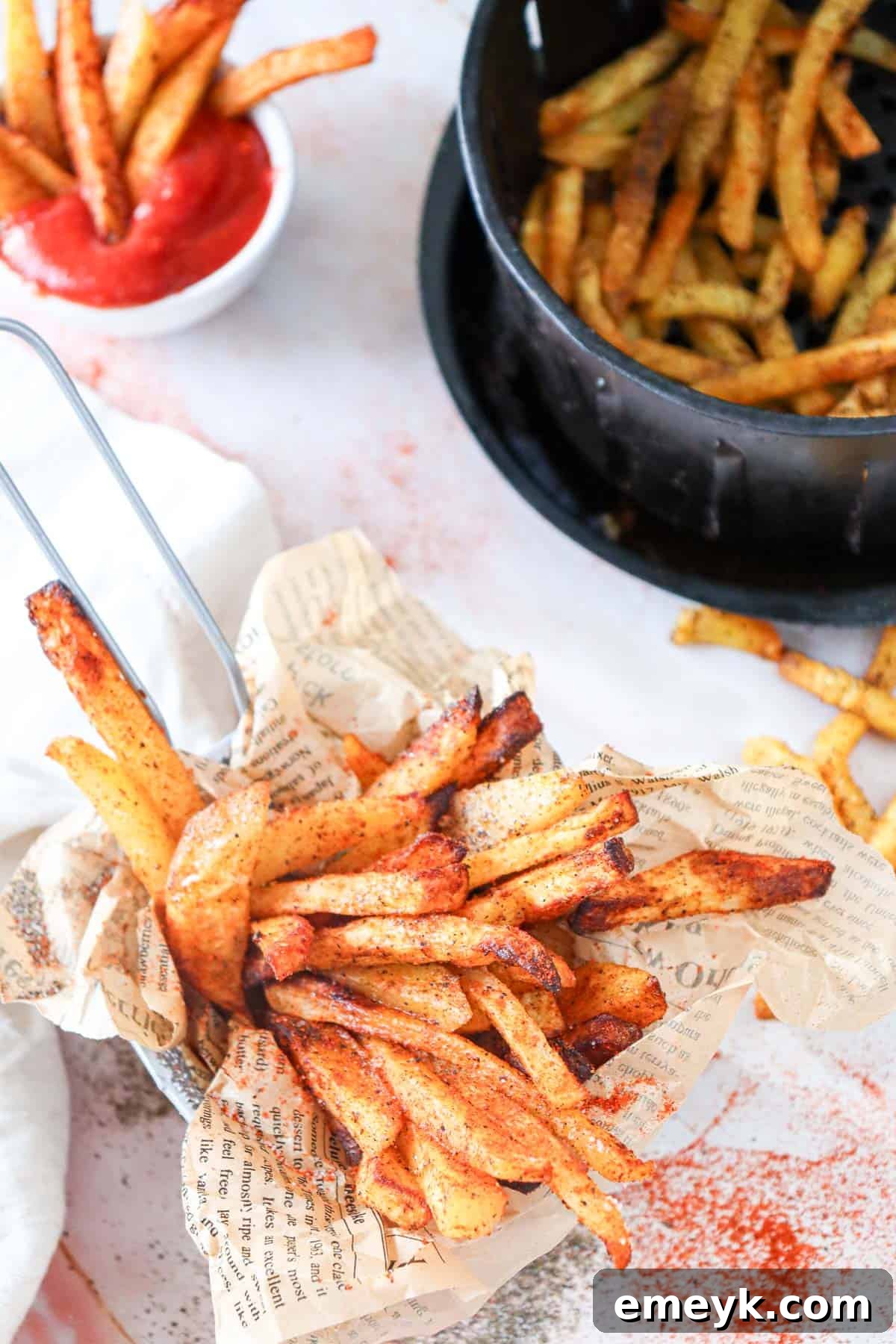 Air Fryer French Fries served on a plate with fresh parsley and ketchup