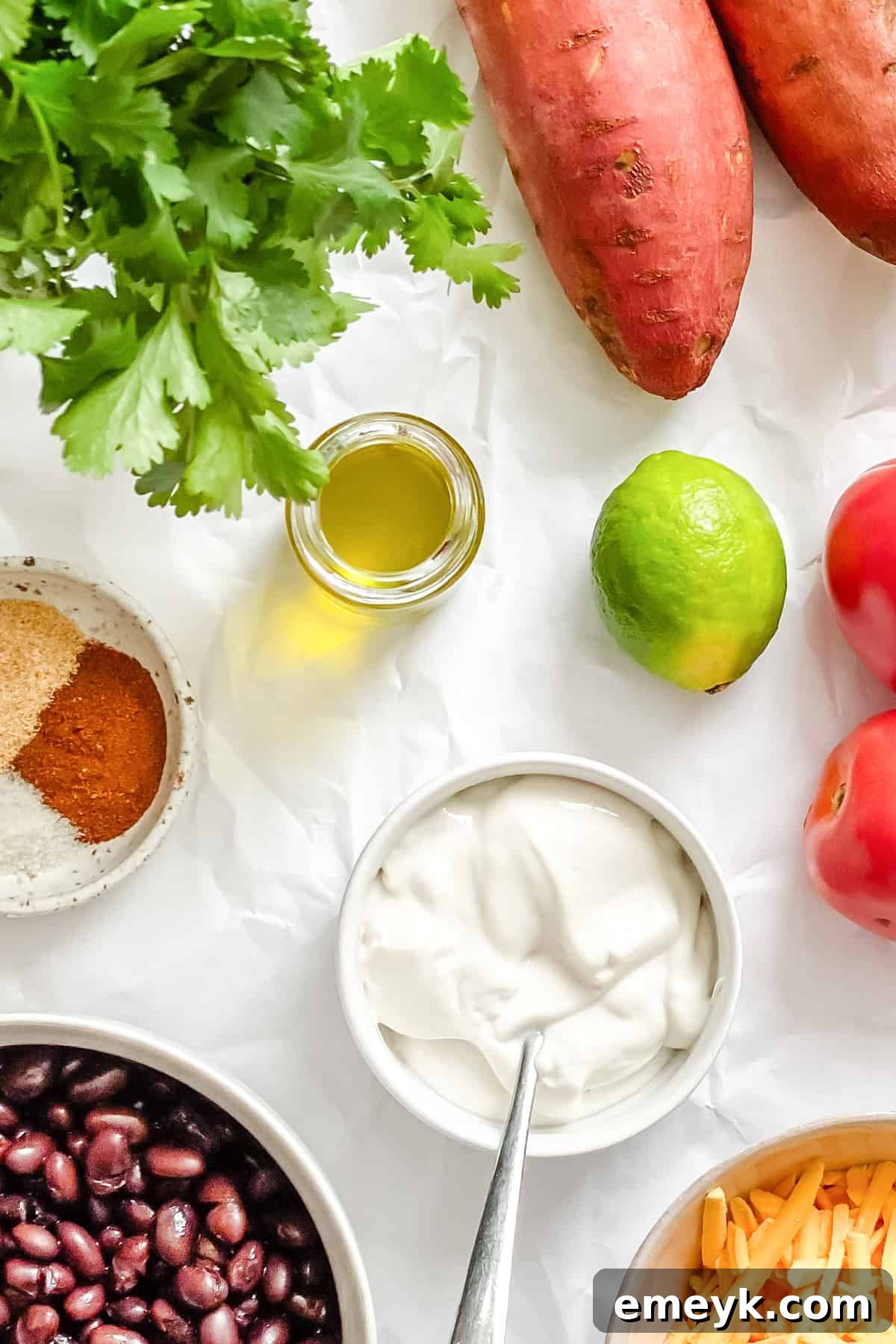 Ingredients for Southwestern Roasted Sweet Potato Rounds laid out