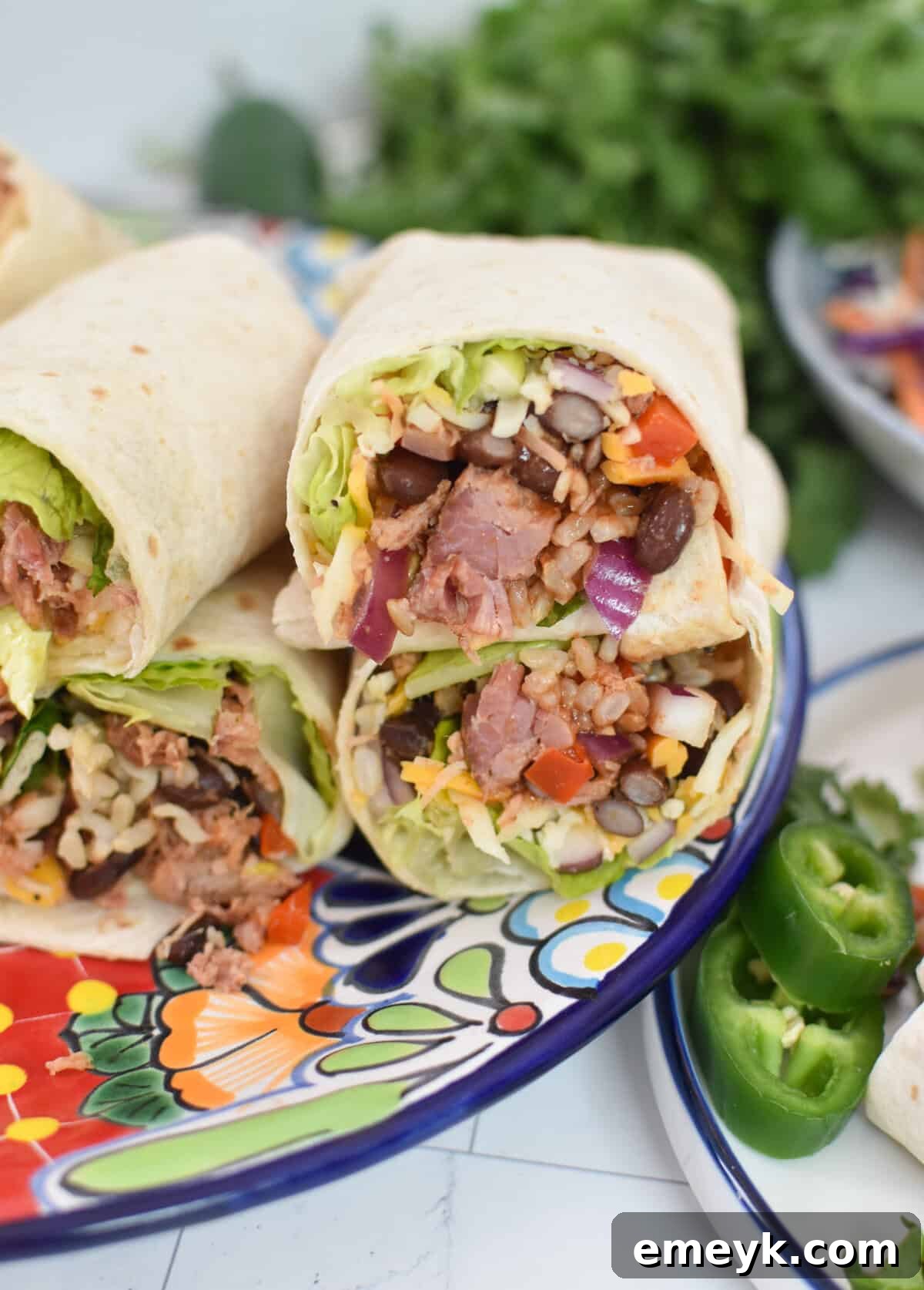 Smoked Pork Burrito Sensations 9 A perfectly rolled Pulled Pork Burrito resting on a vibrant blue plate, garnished and ready to be enjoyed
