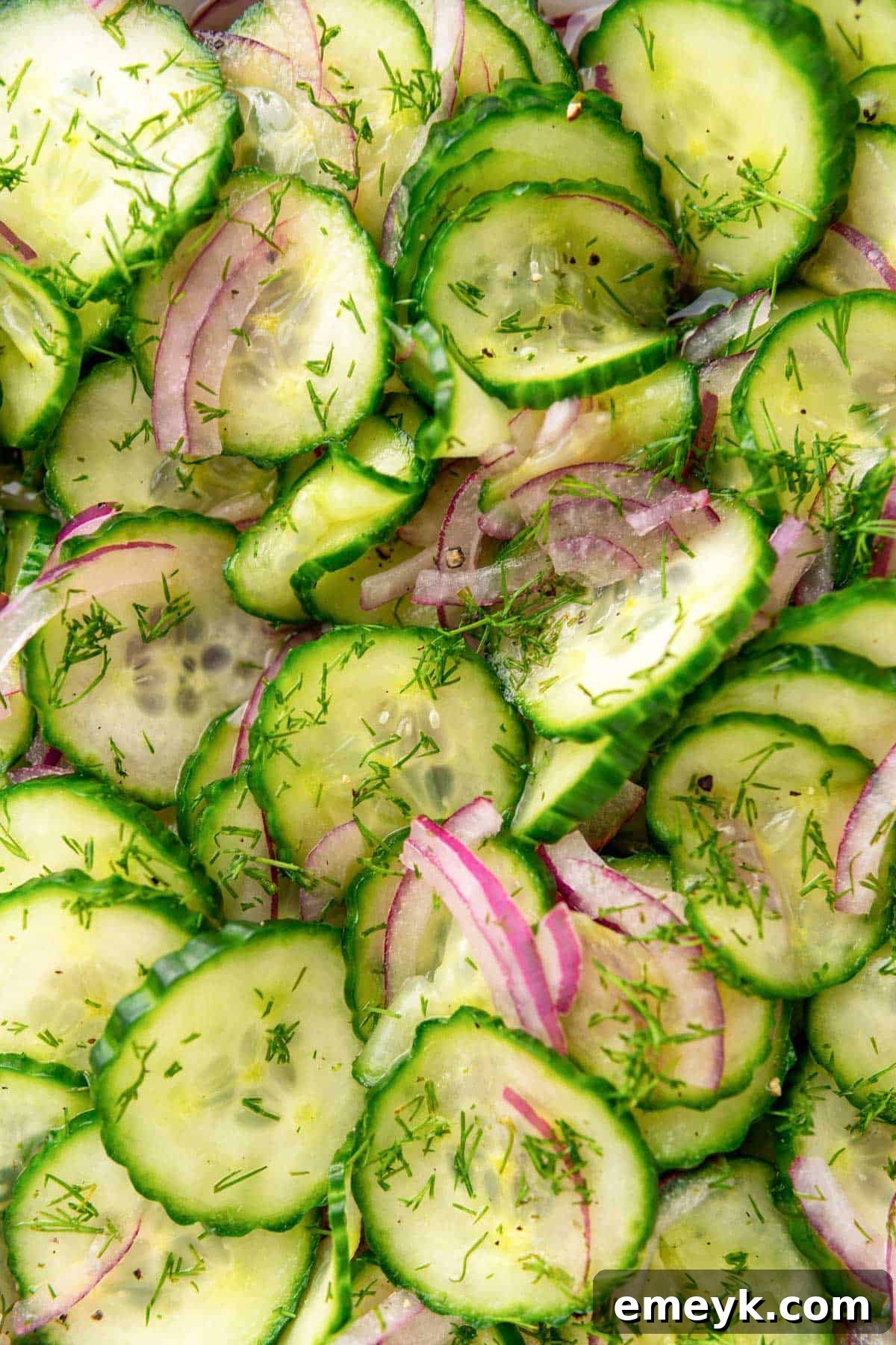 Cucumber Onion Salad with dressing on salad