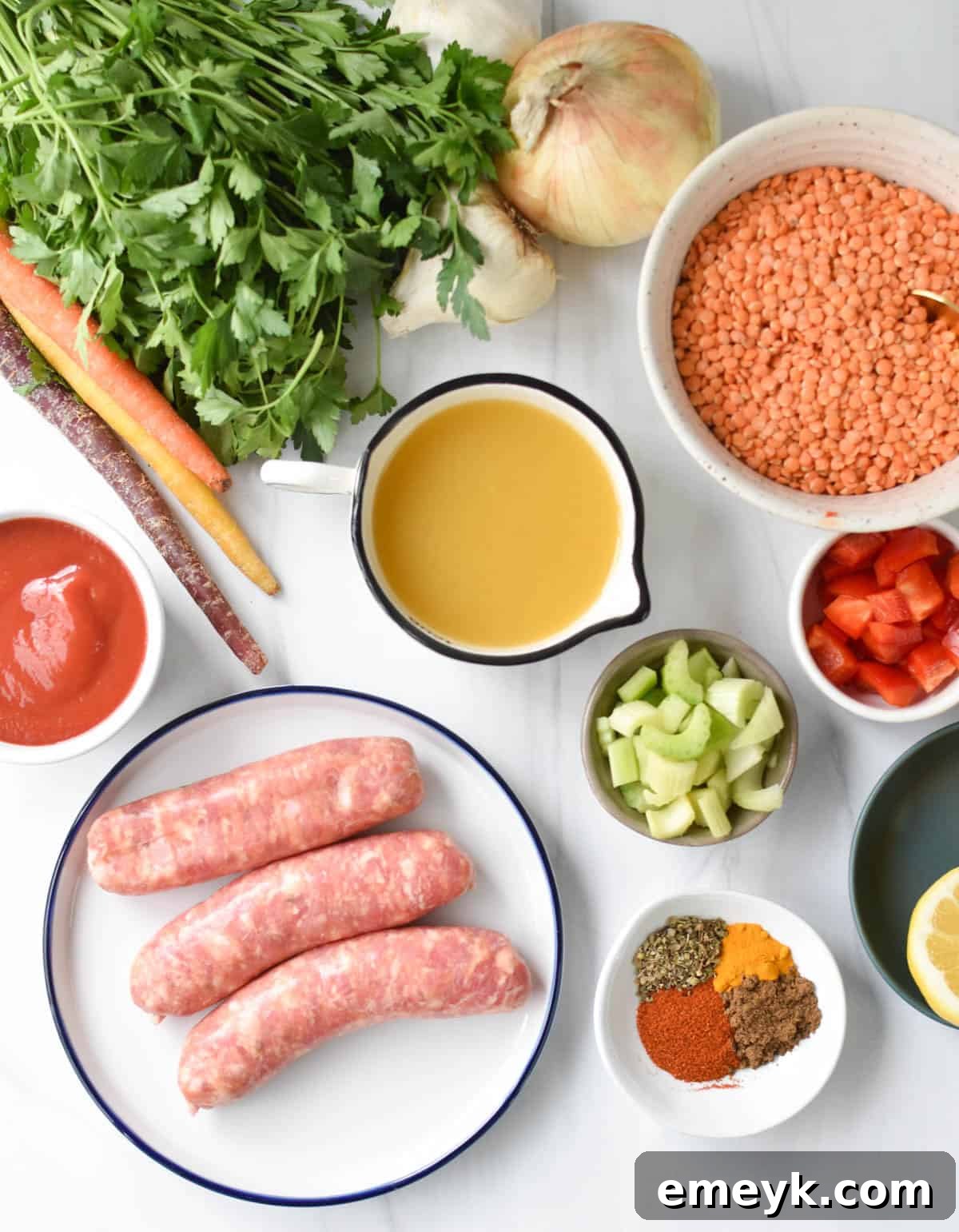 All the fresh ingredients laid out for the Lentil Sausage Soup recipe