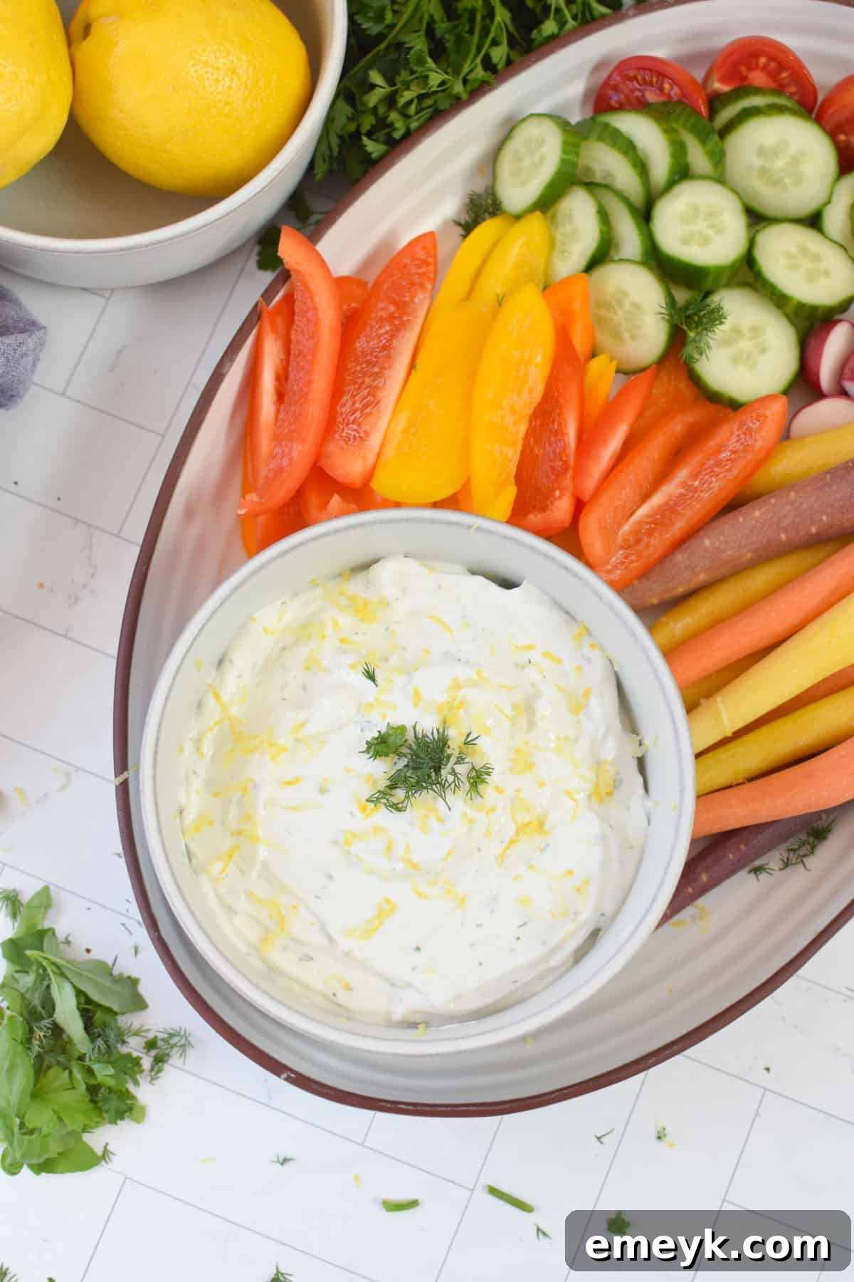 Whipped Cottage Cheese with vegetables on platter 