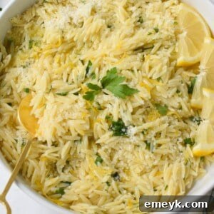 Lemon Orzo Recipe in a white bowl with a gold spoon