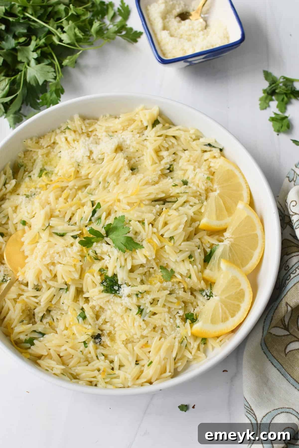 Close-up of Lemon Orzo garnished with lemon slices and fresh basil.