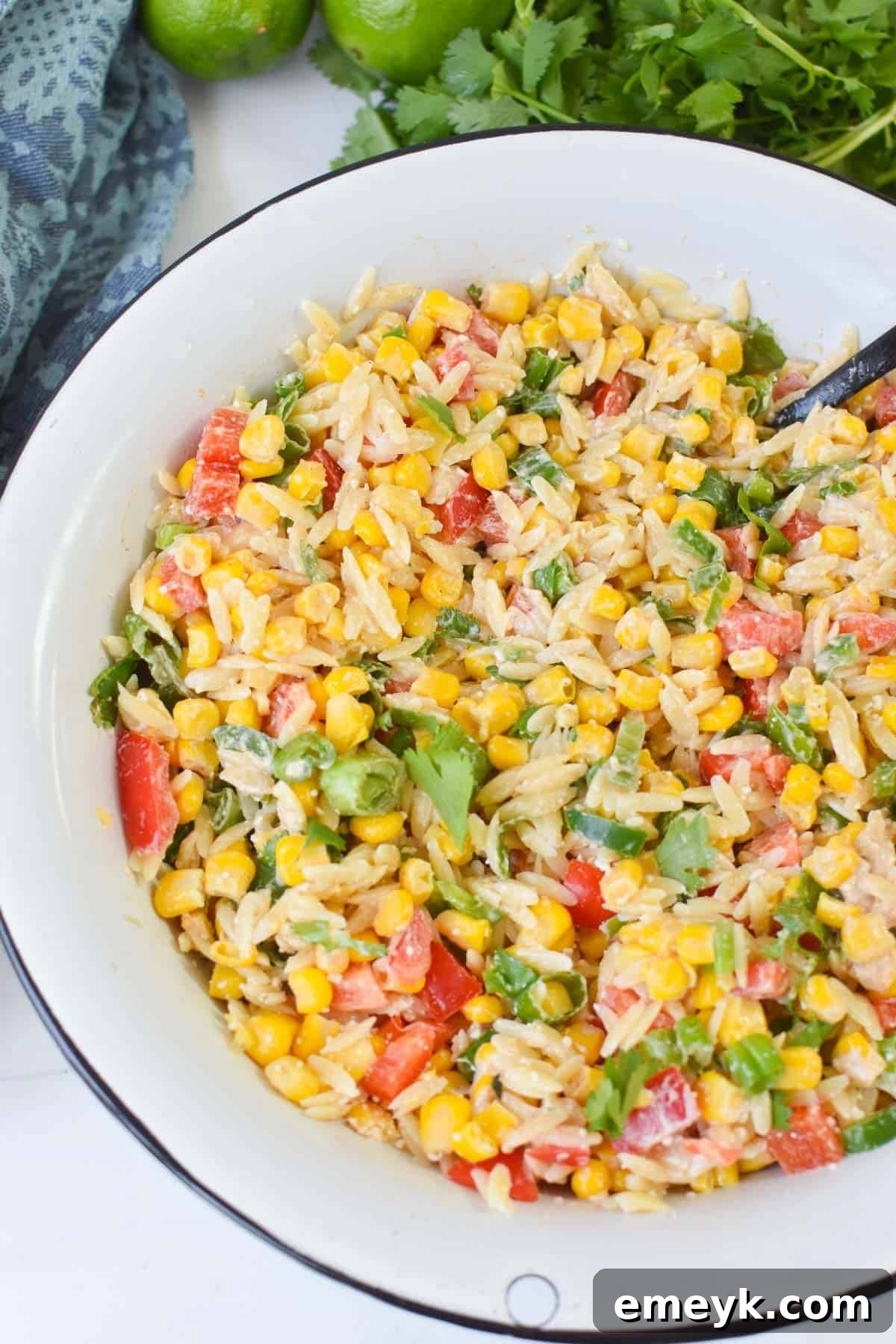 Mexican Street Corn Orzo Pasta Salad in a white bowl