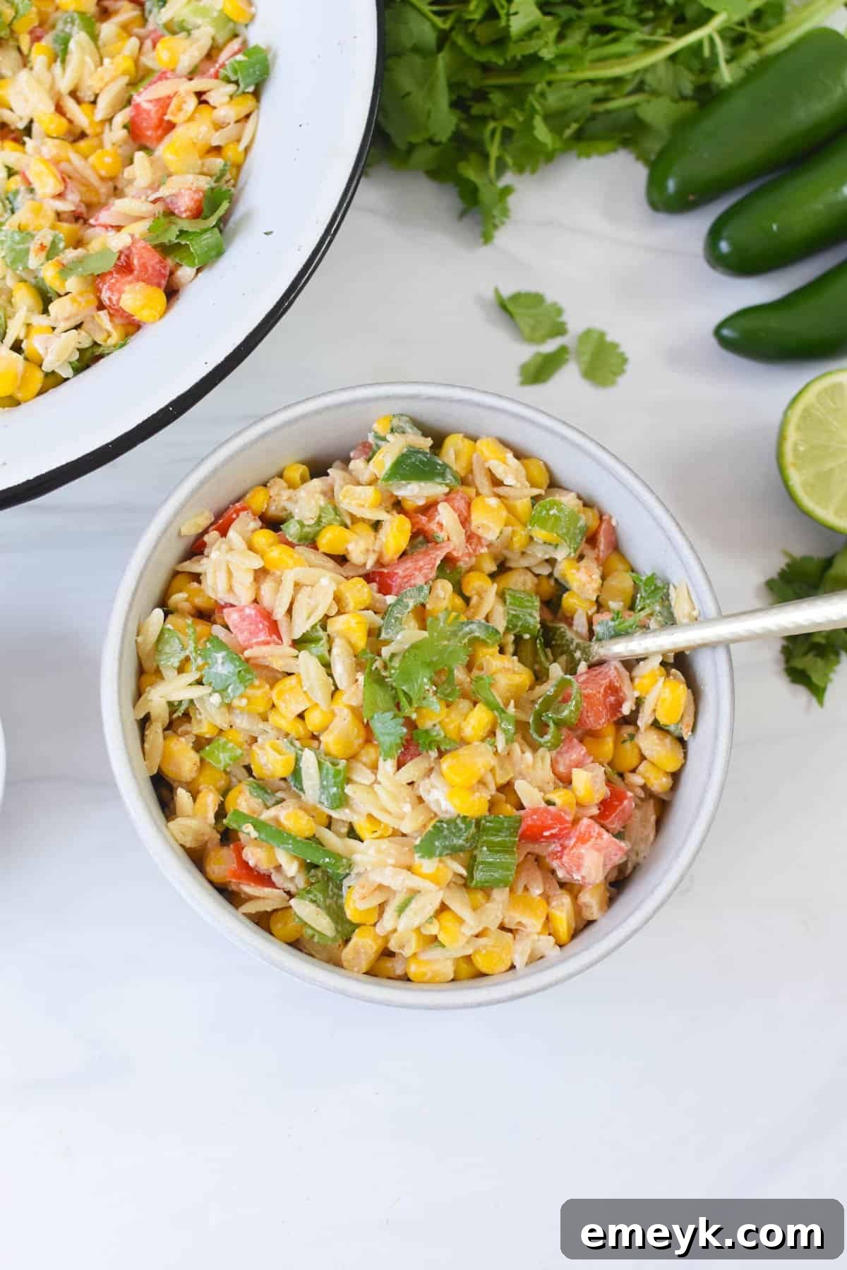 Mexican Street Corn Orzo Pasta Salad in a smal bowl 