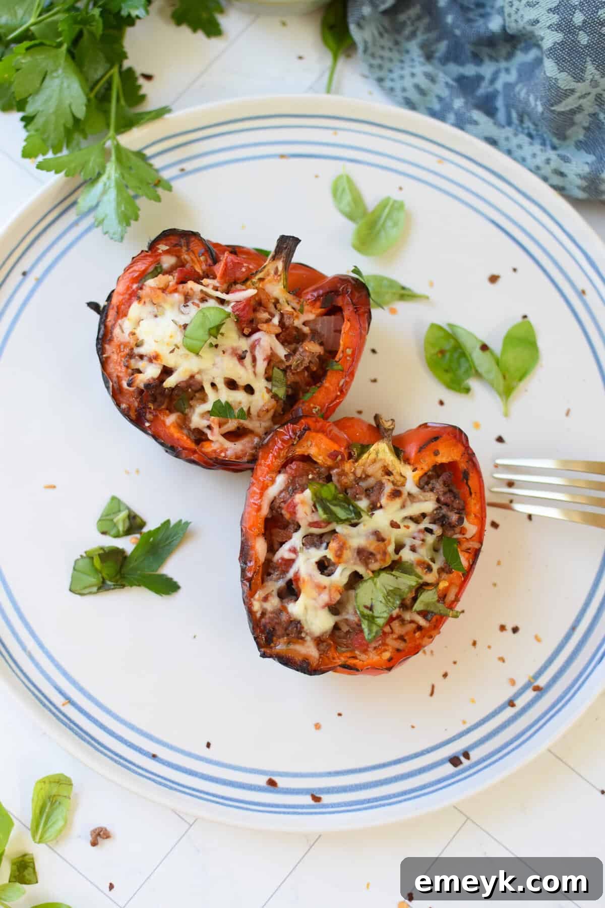 Grilled Stuffed Peppers on a white and blue plate with fork, garnished with fresh herbs.