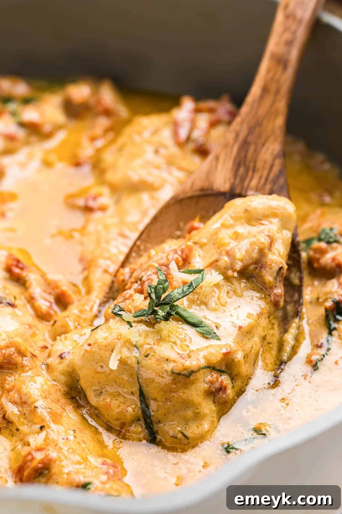 A close-up of Marry Me Chicken being scooped onto a spoon, showing the rich texture of the creamy sauce and tender chicken.
