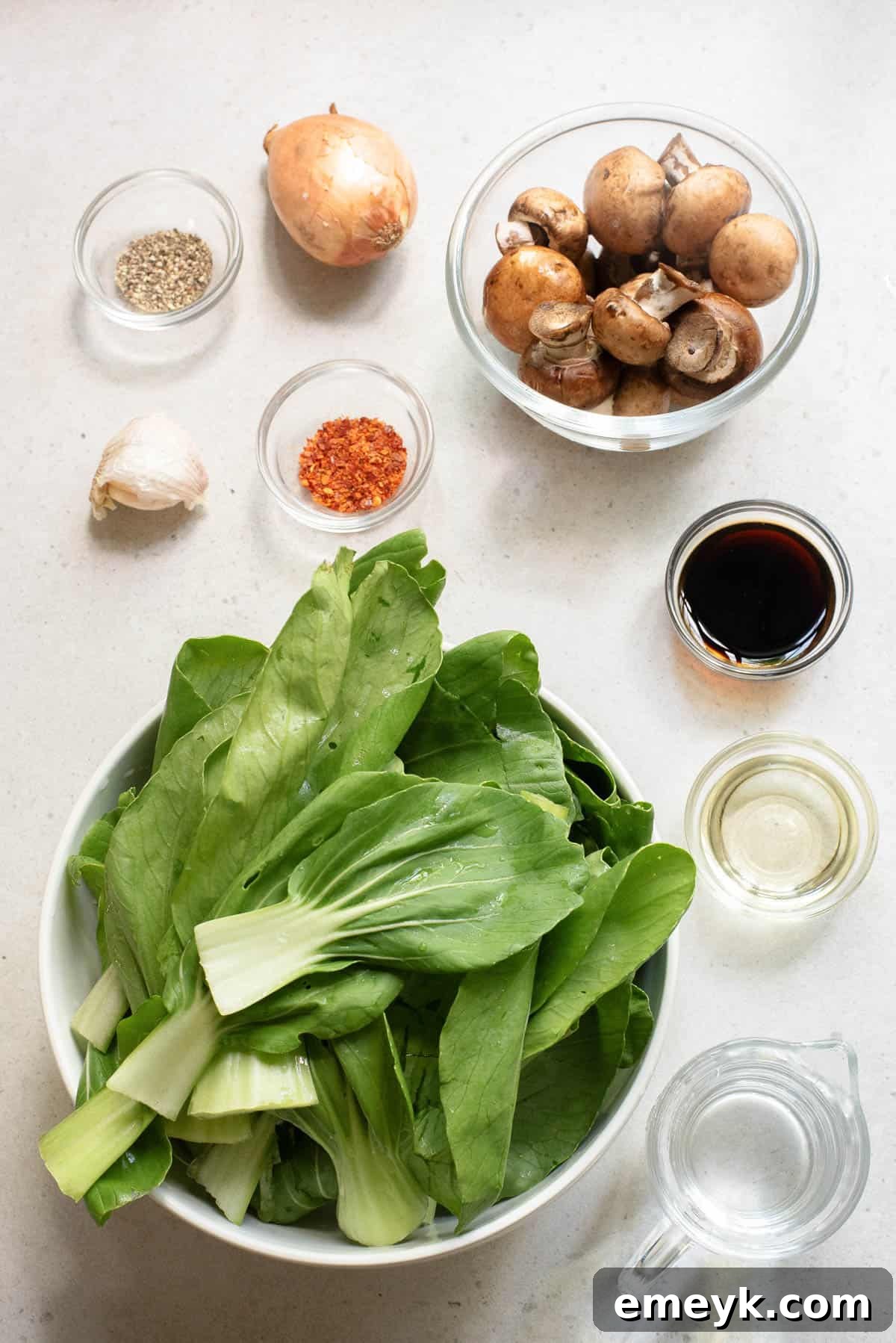 Crisp Bok Choy Stir-Fry 6 Bok Choy Stir Fry ingredients laid out