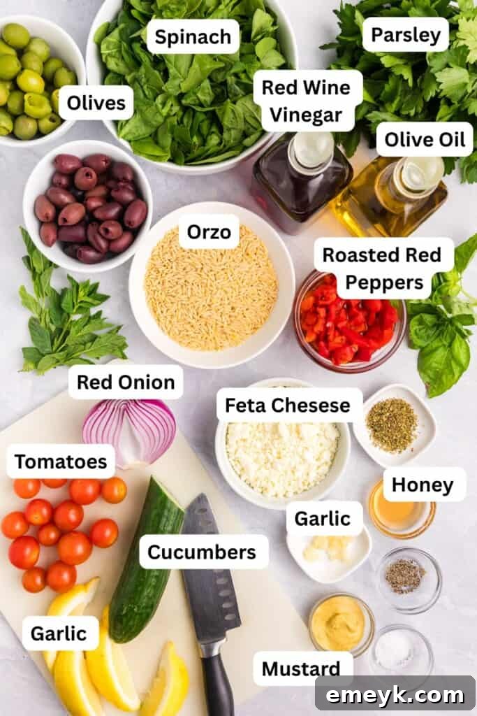 Close-up of fresh ingredients for Mediterranean Pasta Salad