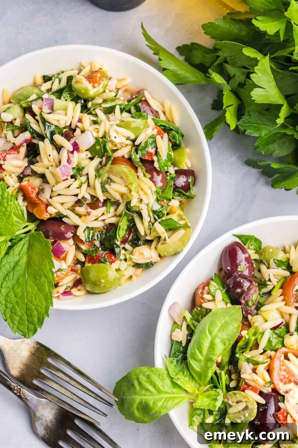 Two bowls of Mediterranean Pasta Salad, garnished
