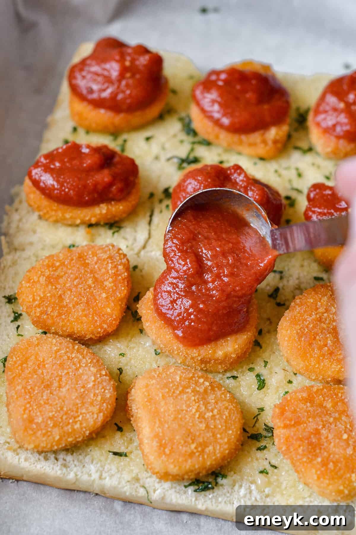 Tomato sauce being spooned over chicken nuggets on sliders