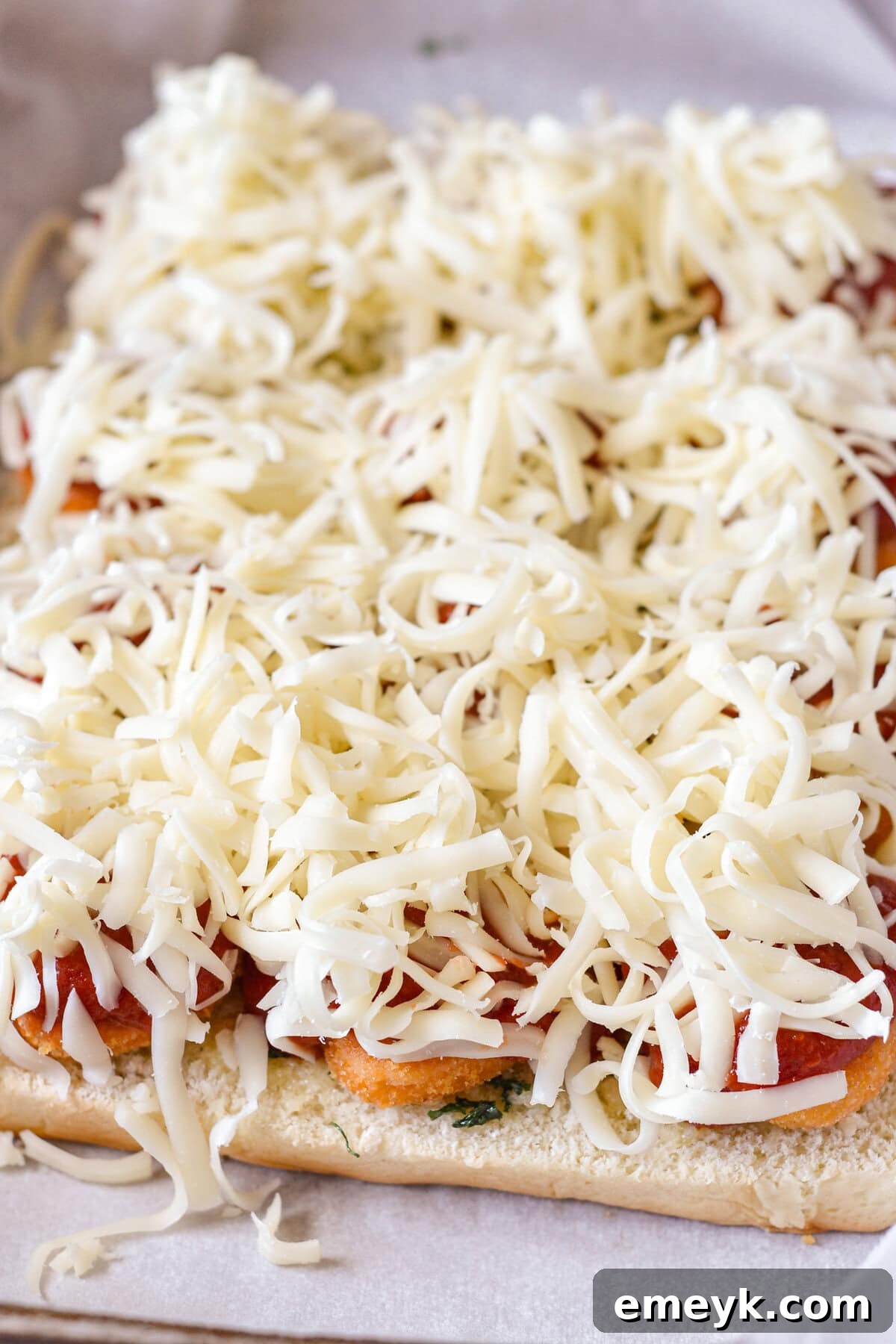Shredded mozzarella cheese being added to chicken parmesan sliders