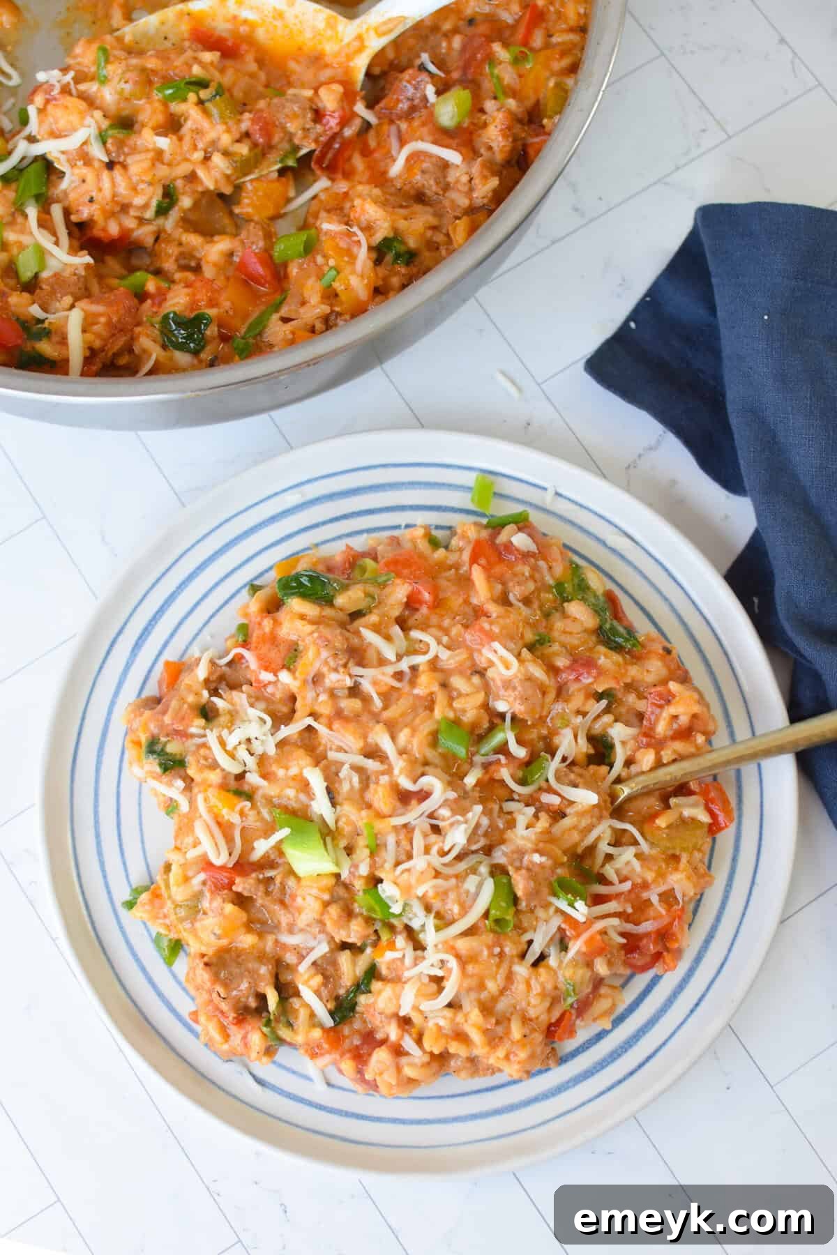 A plate of Creamy Cajun Sausage Rice Skillet ready to be enjoyed