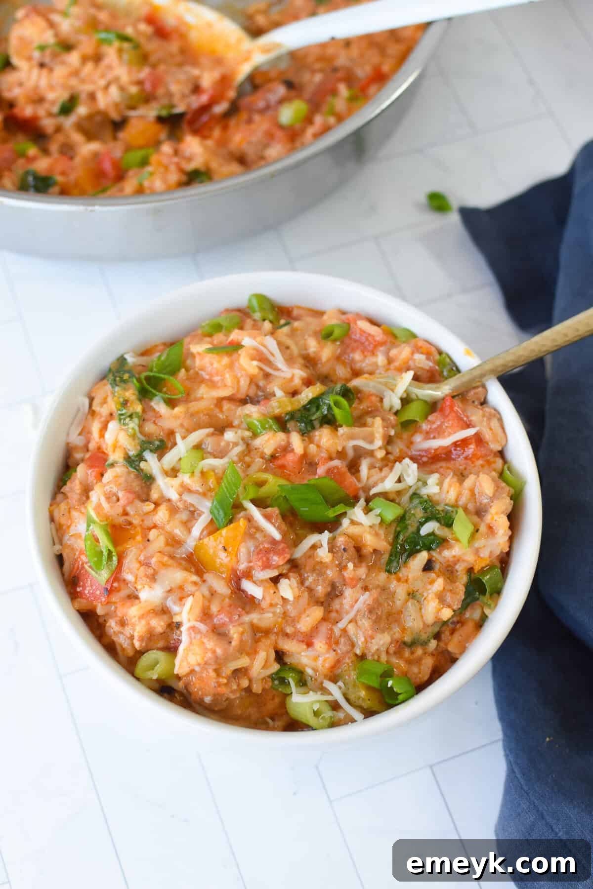 Creamy Cajun Sausage Rice Skillet served in a bowl