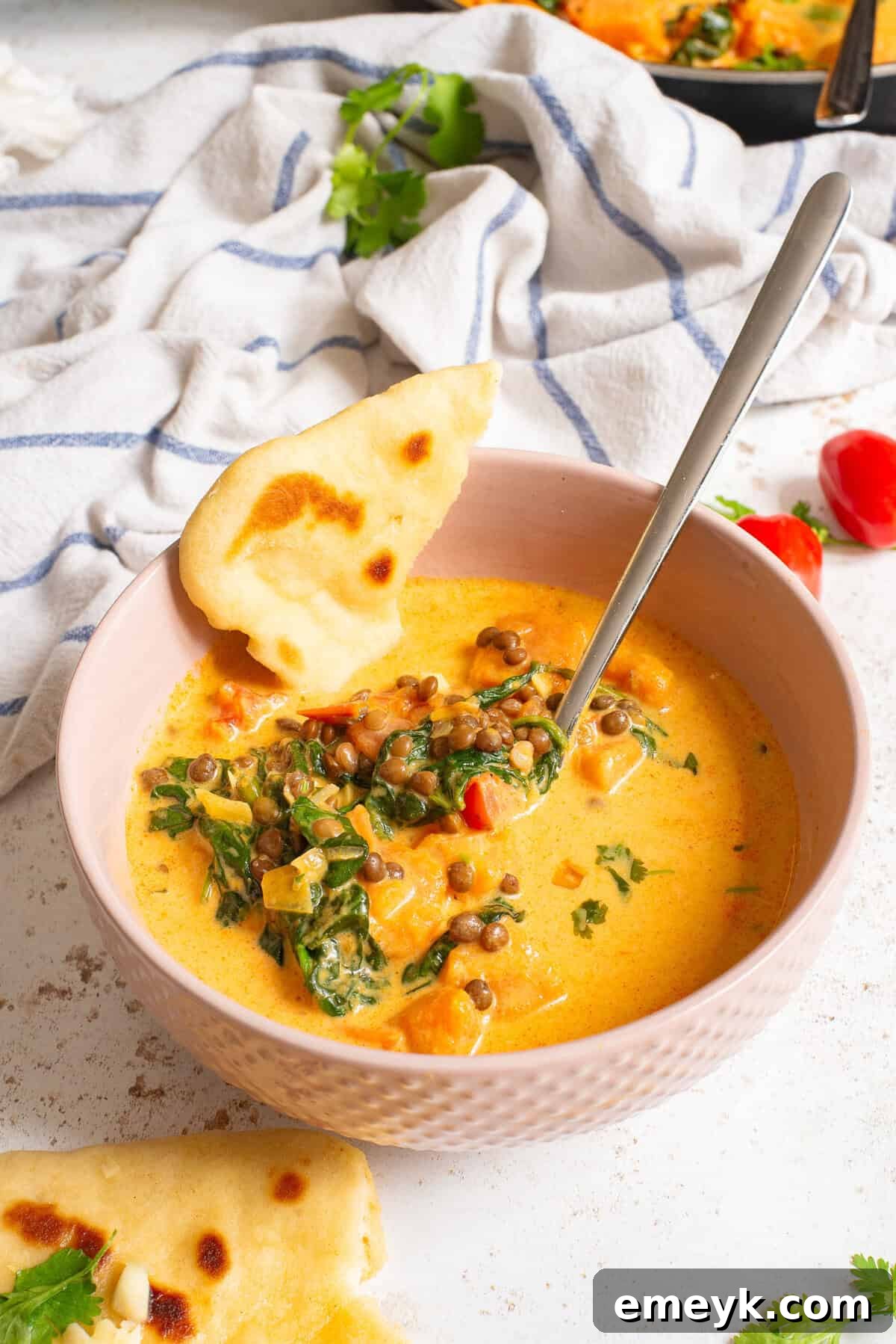 Sweet Potato Lentil Curry in a bowl with a spoon