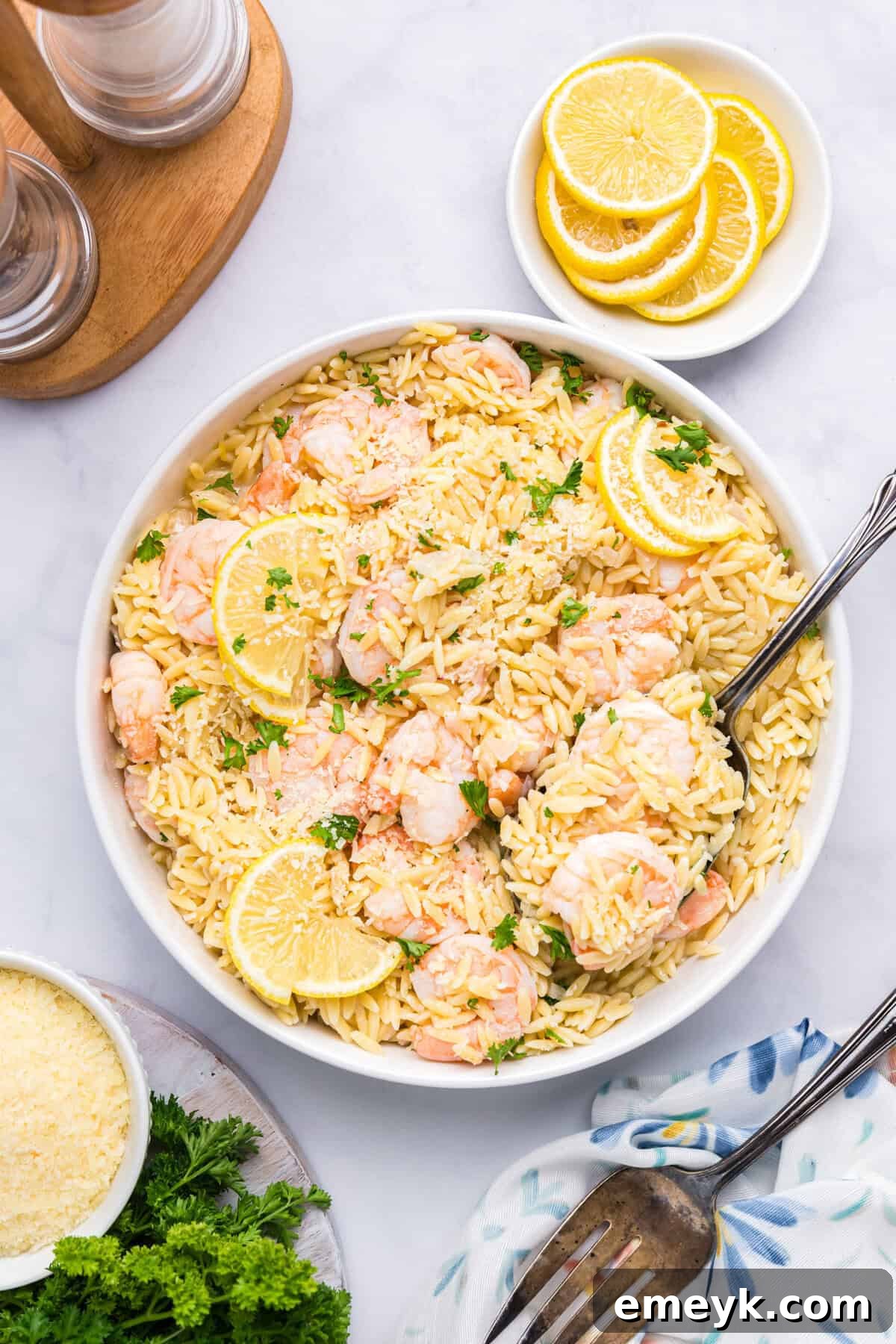 Bright Lemon Shrimp Orzo 2 Lemon Shrimp and Orzo with a spoon and lemons