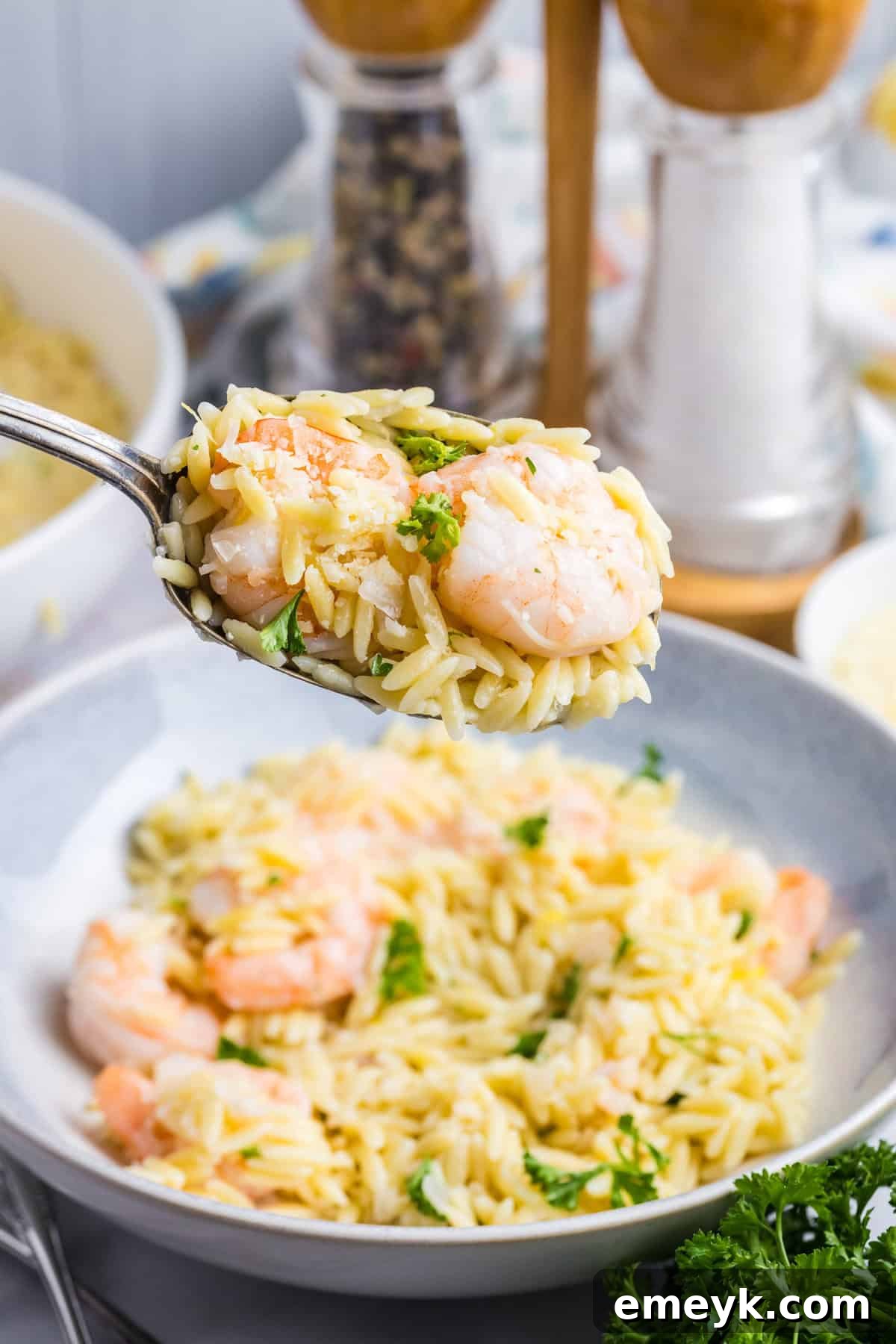Bright Lemon Shrimp Orzo 11 Lemon Shrimp and Orzo with shrimp on a spoon