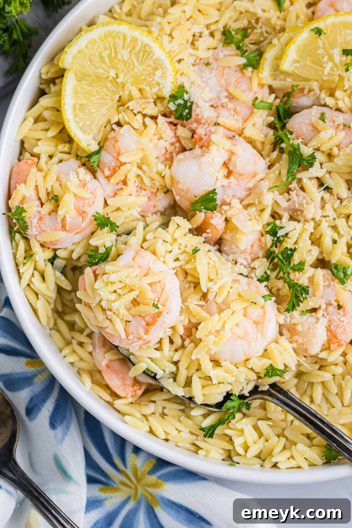 Bright Lemon Shrimp Orzo 12 Lemon Shrimp and Orzo in a white bowl