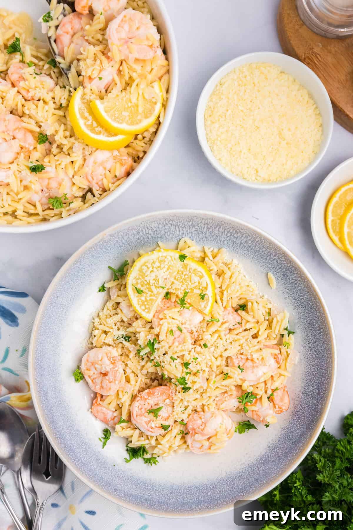 Bright Lemon Shrimp Orzo 3 Lemon Shrimp and Orzo in a blue plate