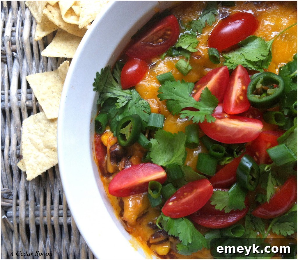 Close-up of freshly baked black bean dip, garnished with cilantro, served in a rustic bowl with tortilla chips.