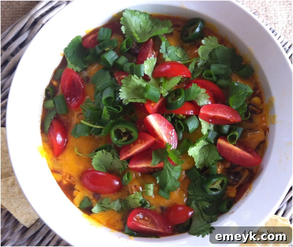 Baked black bean dip served in a white bowl, garnished with fresh cilantro, ready for dipping.