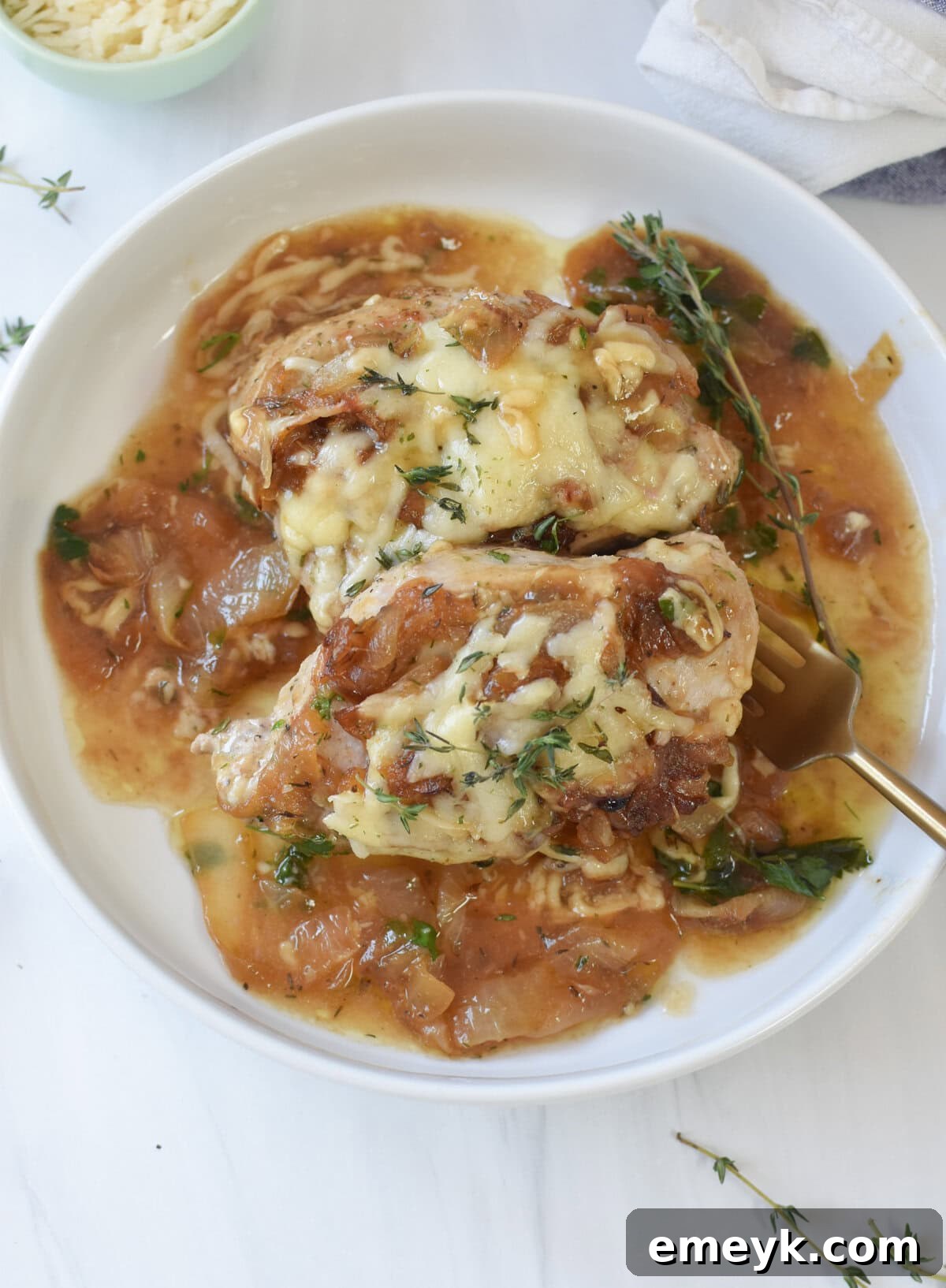 French Onion Smothered Pork Chops 3 French Onion Pork Chops served in a rustic ceramic bowl with a rich sauce