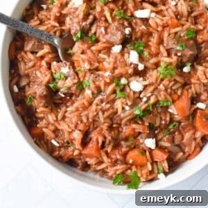 Greek Beef Stew with Orzo ready to serve.