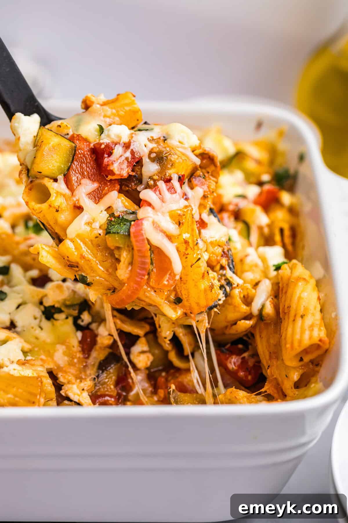 Mediterranean Harvest Roasted Pasta Bake 2 Mediterranean Roasted Vegetable Pasta Bake in a white pan, ready to be served