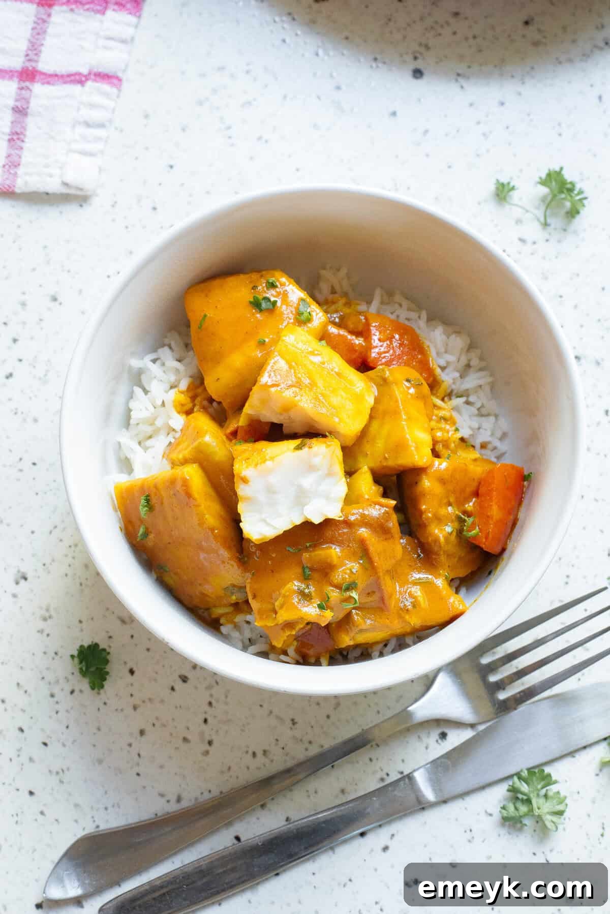 Coconut Fish Curry served in a white bowl with rice, garnished with fresh cilantro