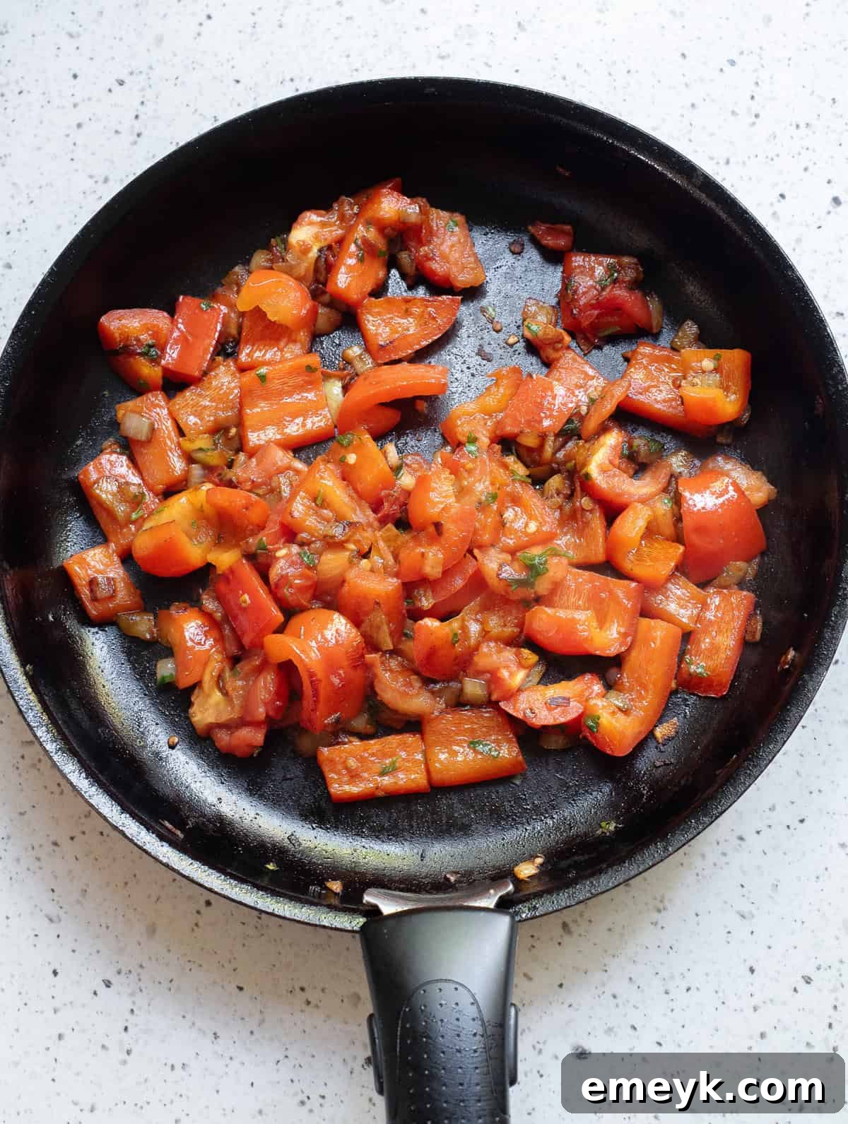 Sautéed vegetables and tomatoes in a skillet, with fresh cilantro