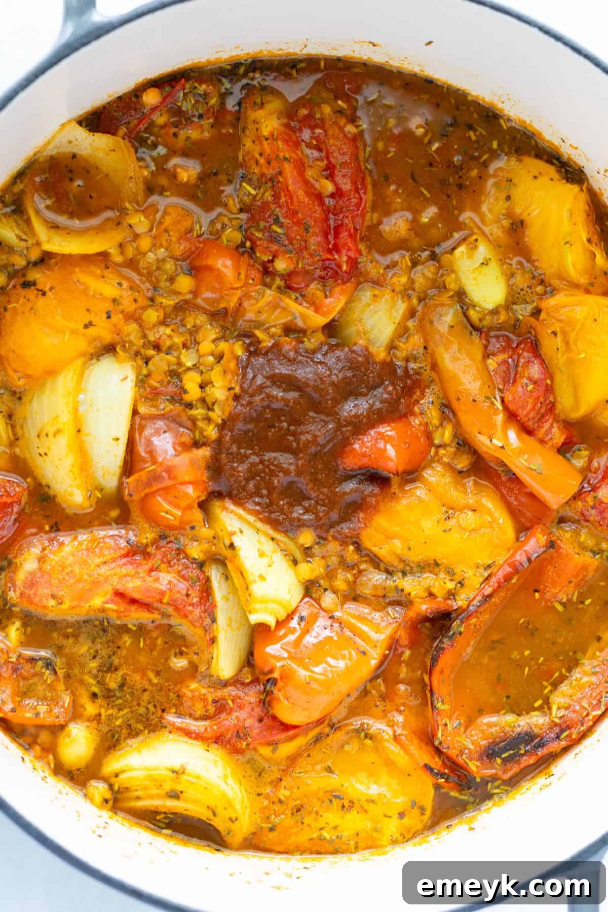 Hearty Tomato Lentil Soup 9 Lentil Tomato Soup soup ingredients in a dutch oven
