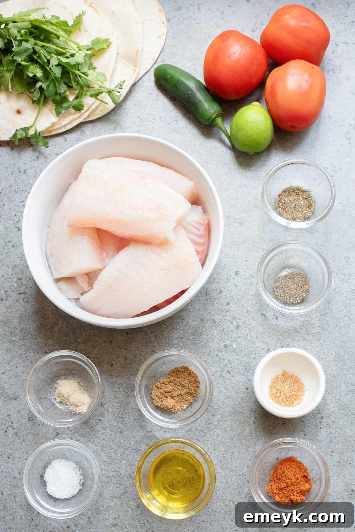 A selection of fresh ingredients laid out for Blackened Fish Tacos recipe preparation