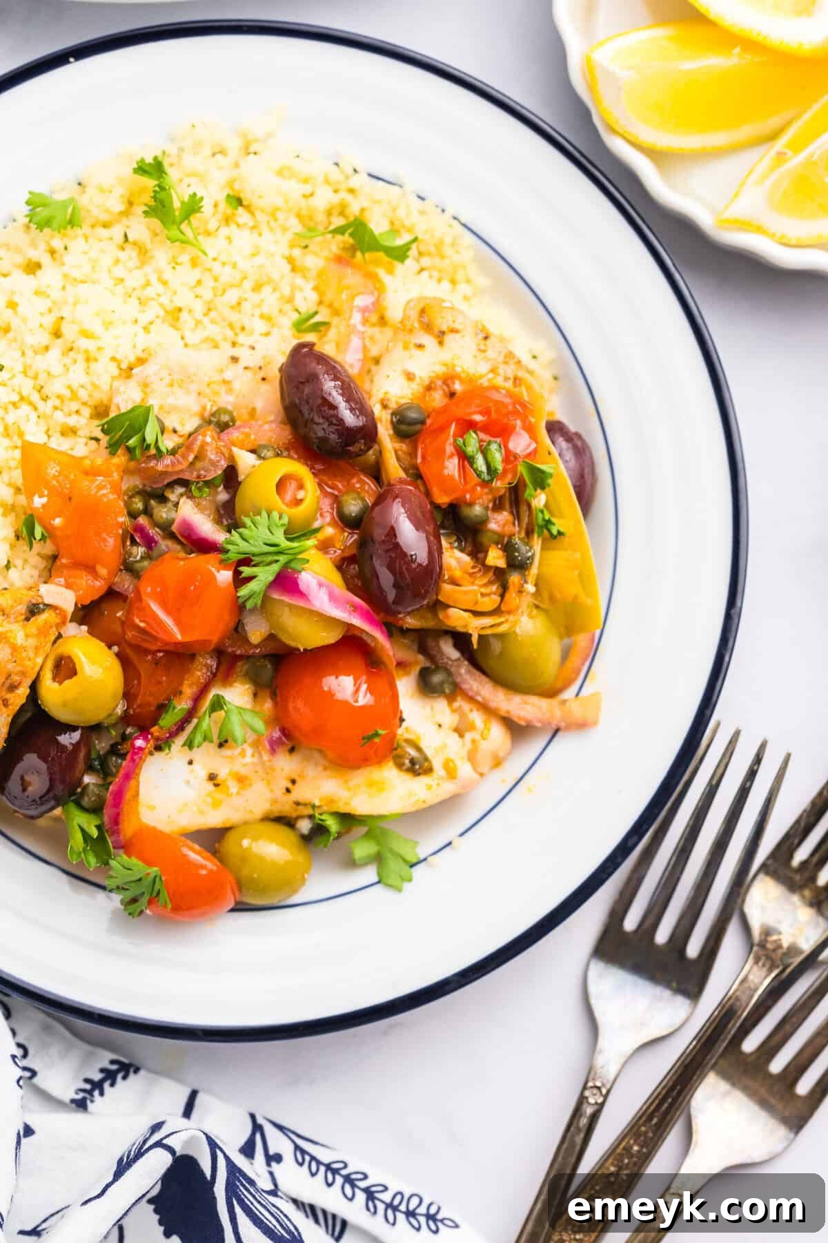 Sun-Kissed Mediterranean Fish Bake 6 Mediterranean Baked Fish on a white plate ready to be eaten