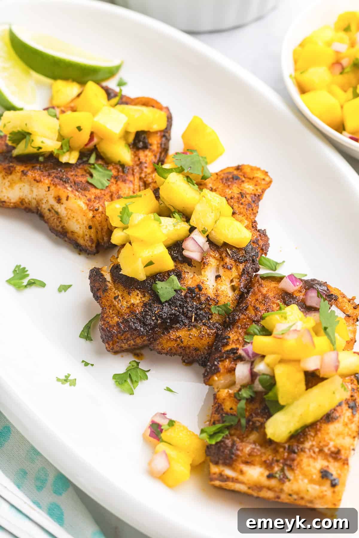Effortless Blackened Cod 12 Easy Blackened Cod recipe served on a white platter with rice and pineapple salsa