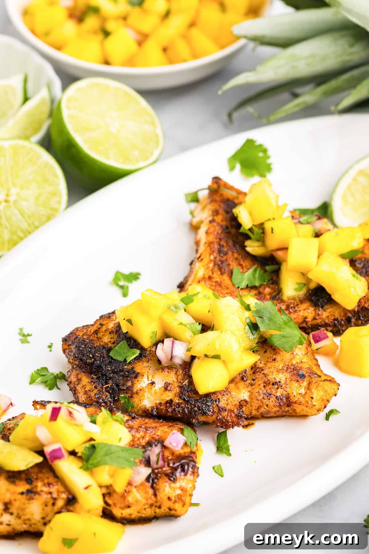 Effortless Blackened Cod 3 Easy Blackened Cod recipe on a white platter garnished with lemon and cilantro
