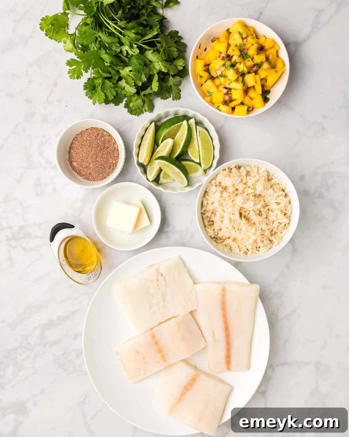 Effortless Blackened Cod 6 Ingredients for Easy Blackened Cod recipe laid out on a white surface