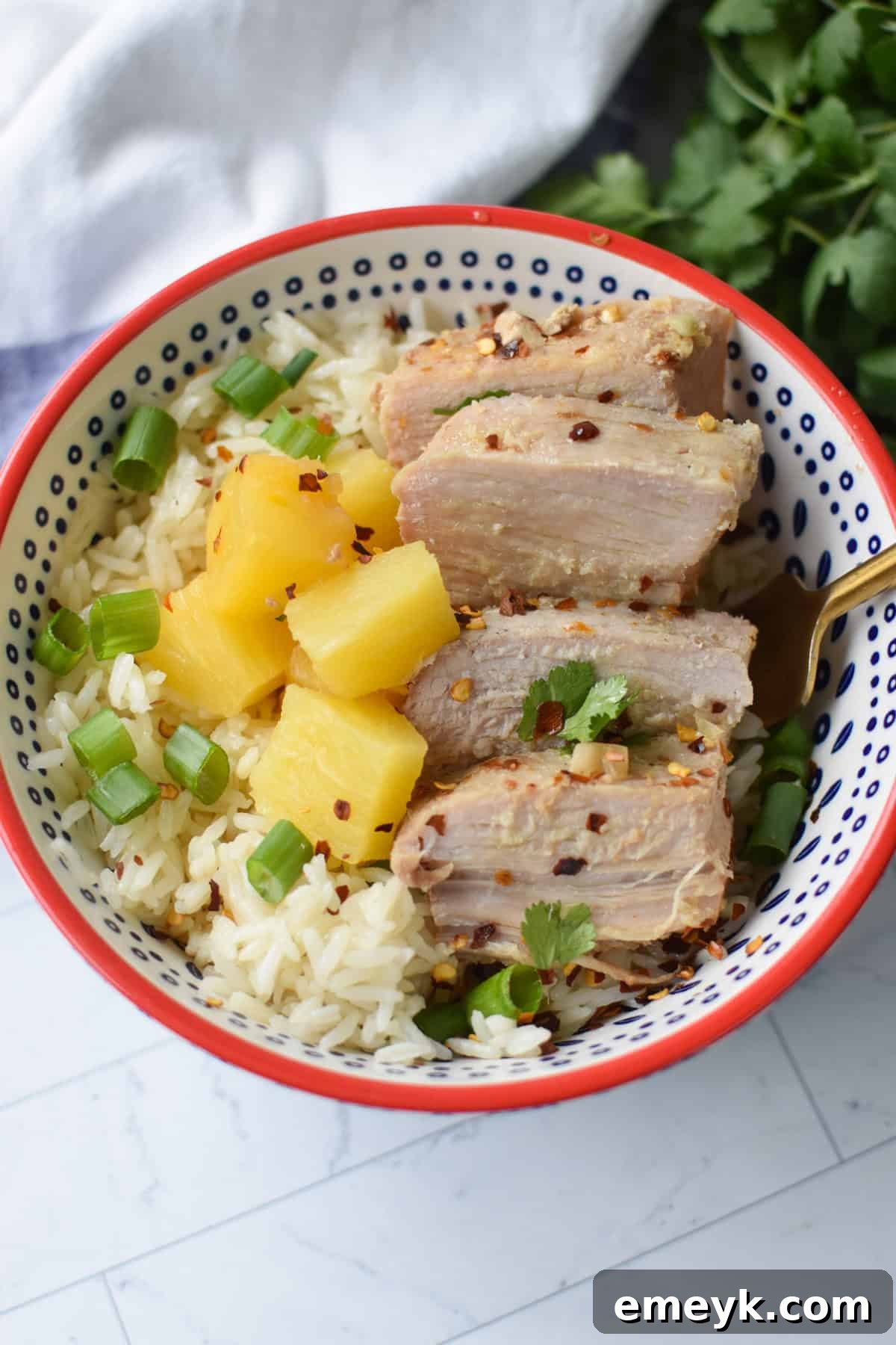 A bowl of sliced Slow Cooker Pineapple Pork Loin garnished with fresh cilantro, ready to serve.