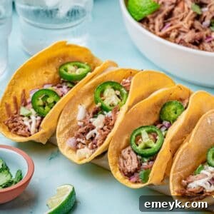 Slow Cooker Pulled Pork Tacos presented beautifully in taco holders on a blue background, garnished with fresh cilantro and lime.