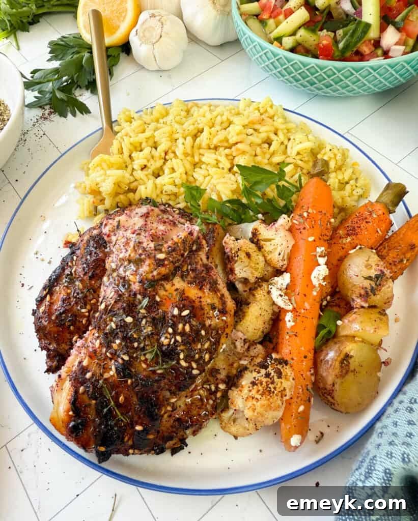 Sheet Pan Za’atar Chicken on plate with blue rim